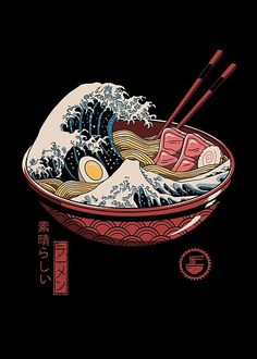 an illustration of chopsticks and ramen in a bowl with the great wave