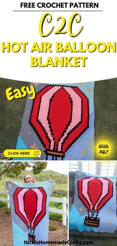 the crochet hot air balloon blanket is shown with instructions to make it look like an