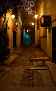 an alley way with street lights and flowers growing on the side of it at night