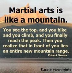 there is a quote about mountain range on the side of a lake that says, martial arts is like a mountain you see the top, and you hike and climb, and