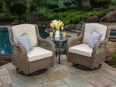 two chairs and a table near a pool