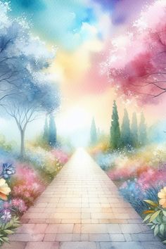 a painting of a pathway with flowers and trees in the background, painted by watercolors