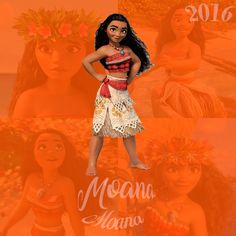 a girl in a hula skirt standing next to two other girls and an orange background