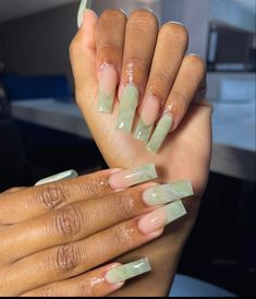 Ombre Nails With Green, Sage Blue Nails, Green Pointy Nails, Green Nails And Toes, Pedicure Ideas Green, Black And Green Nails Designs, Jade Nails Designs, Jade Green Nails, Green Ombre Nails