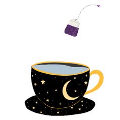 a coffee cup with a saucer falling into it and the moon in the sky