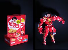 two pictures of a toy robot with crackers in front of it and an open box on the left