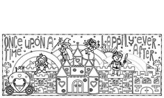 a black and white coloring page with an image of two children in front of a castle