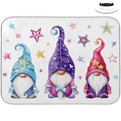 three colorful gnomes with stars in the background