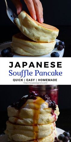 pancakes are stacked on top of each other with blueberries and syrup