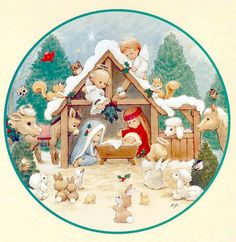 a christmas scene with baby jesus in the manger surrounded by rabbits and other animals