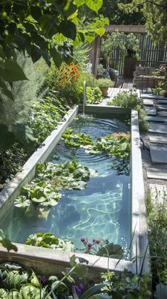 an outdoor pool with water lilies in it