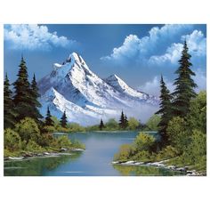 a painting of a snowy mountain with trees in the foreground and a river running through it