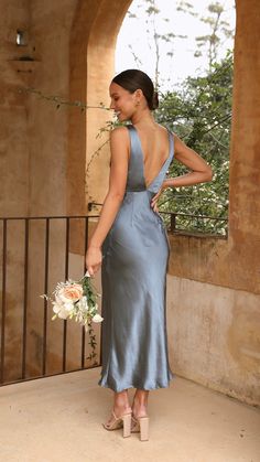 Weeding Dress 2023 Guest, Ocean Blue Bridesmaid Dresses, Steel Blue Dress, Dress Lookbook, Bridesmaids Gowns, Neutral Heels, Bridesmaid Dressing Gowns, Blue Maxi Dress