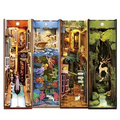 three open doors with an image of people and animals inside