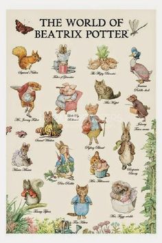 the world of beatrix potter book with pictures of animals and other things on it