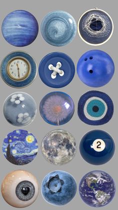 nine different types of glass plates with the same design on them, all in blue and white