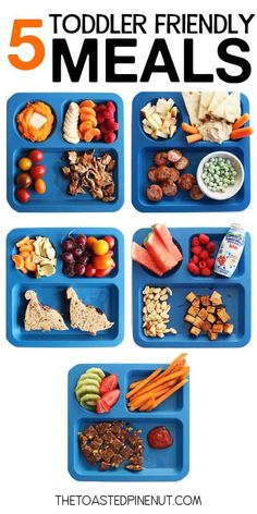 the top five toddler friendly meals are in blue trays with different foods on them