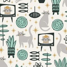 a pattern with cats and plants on it