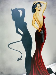 a painting of a woman in a long red dress with a cat on her shoulder