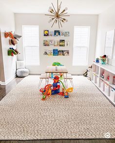 a child's playroom with toys on the floor