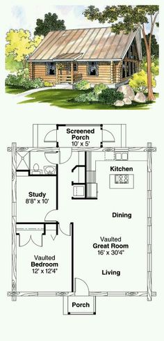 the floor plan for a small log cabin with loft and living quarters, including an attached bedroom