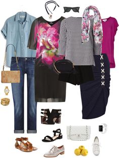 a woman's clothing and accessories including shoes, handbags, purses and sunglasses