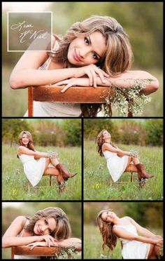 a beautiful young woman sitting on top of a wooden chair in a field with wildflowers