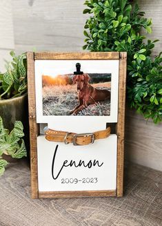 a wooden frame with an image of a dog on it next to a potted plant