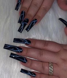 Grunge Nail Ideas Coffin, Black Acrylic Nail Inspo Coffin, Jelly Roll Concert Nail Ideas, Long Black Nails Ideas, Black Nail Designs Grunge, Long Acrylic Nails Dark, Red And Black Nails With Charms, Designs On Black Nails, Goth Square Acrylic Nails