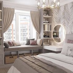 a bedroom with a large bed and lots of bookshelves in the window sill