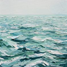 an oil painting of the ocean with blue and white waves on it's surface