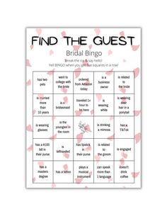 the printable game for brides to play on their wedding day, with pink hearts