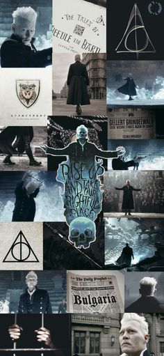 harry potter collage with images from the movies and their names on them, including deathly hall