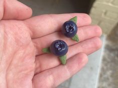 two tiny blueberries with green leaves on them are sitting in someone's hand