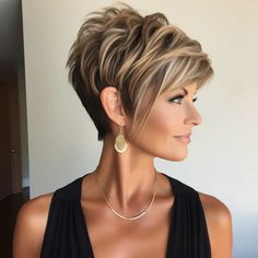 Womens Stacked Hairstyles, Hair Color For Pixie Haircut Highlights, Women Very Short Hair, Pixie With Long Sides, Short Reverse Bob Haircut, Short Layered Graduation Pixie, Pixie Haircut For Thick Hair Over 50, Summer 2024 Short Hair, Try On Hairstyles Free Online