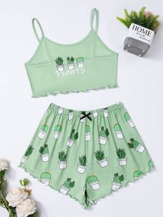 Mint Green Cute  Sleeveless Polyester Letter,Plants Short Sets Embellished Slight Stretch  Women Sleep & Lounge Pajama Fashion, Short Pj Set, Cute Preppy Outfits, Easy Trendy Outfits