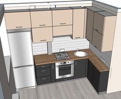 a drawing of a kitchen with an oven, sink and refrigerator