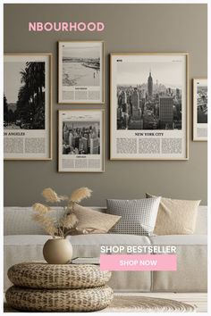 a living room with pictures on the wall above it and text overlay that reads shop best seller