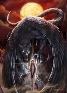 a woman standing next to a giant black dragon