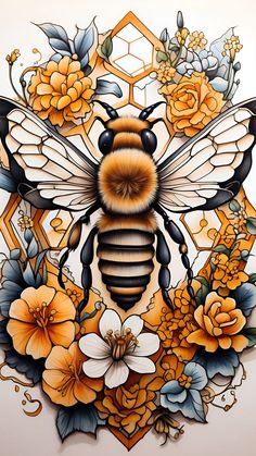 Honey Bee Tattoo Traditional, Bees Honeycomb Tattoo, Honey Bee With Flowers Tattoo, Flowers With Bees Tattoo, Bee Tattoo With Honeycomb, Honeycomb Flower Tattoo, Neo Traditional Bee Tattoo, Honeycomb Bee Tattoo, Cows Tattoo