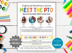 a flyer for the school's meet the pto event with pencils and markers