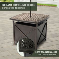 an outdoor fire pit with the words elegant scrolling design across the tabletop on it