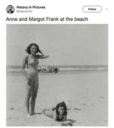 an old photo of two women on the beach, one is wearing a bathing suit