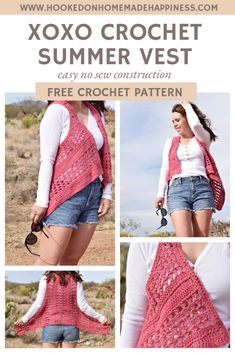 a woman wearing a pink crochet vest and shorts with the text, free croche