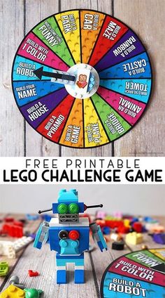 the lego challenge game is being played on a wooden table with toys around it and text overlay that reads free printable lego challenge game