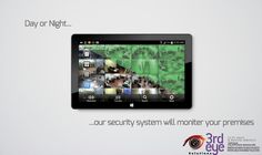 an advertisement for a security system with the text, day or night our security system will monitor your presses