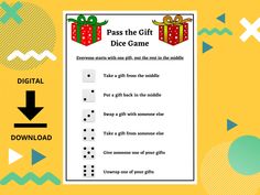 a gift card with the words pass the gift dice game and an arrow pointing to it