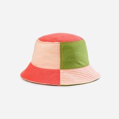 Jacquard knit bucket hat with neon topstitching that is colourful. Dependable, high-quality knits. Color Block Bucket Hat, Patchwork Bucket Hat, Knit Bucket Hat, Unconventional Materials, Bucket Hat Pattern, Knit Accessories, Garment Sewing, Colorful Hat, Trendy Hat