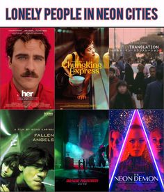 there are many movie posters on this page, including one with the title'lonely people in neon cities '