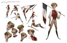 an animation character poses with different angles and body shapes, holding a flag in her hands